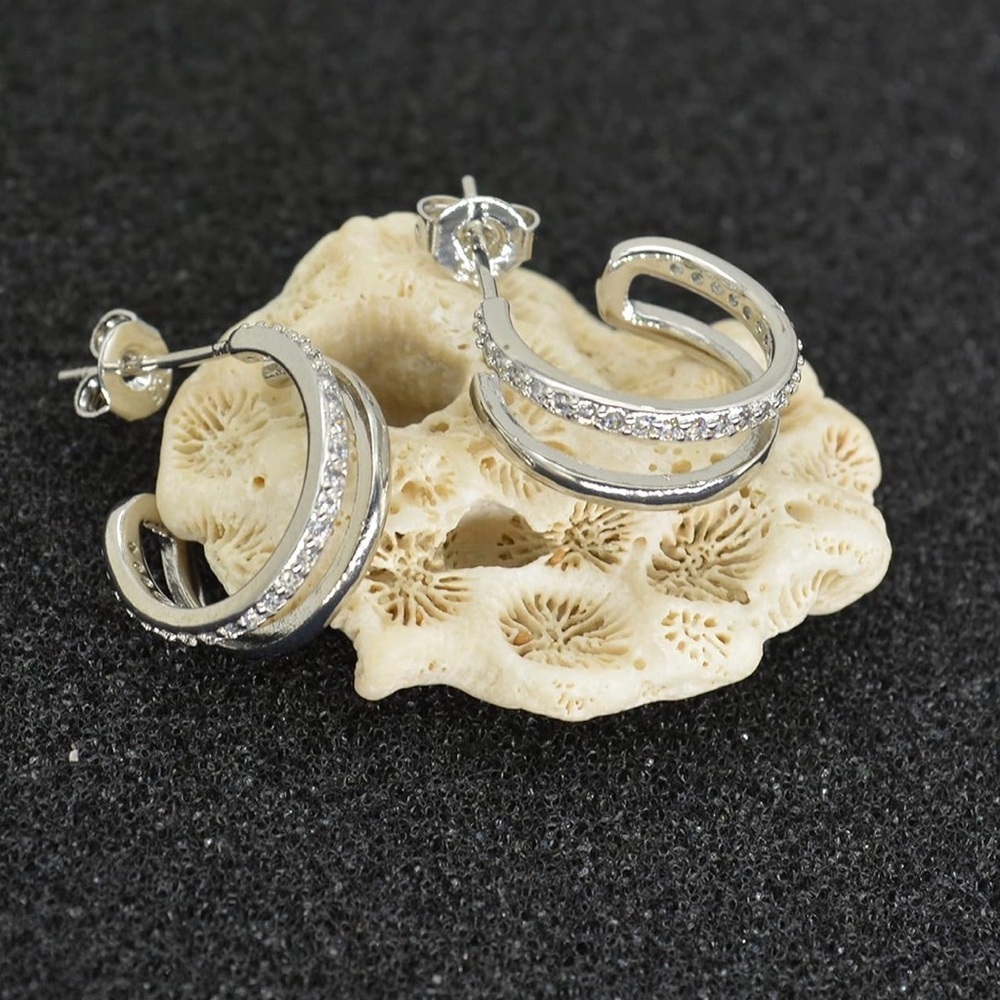 Split Half Hoop Cubic Zirconia Hypoallergenic Cuff Silver Earrings